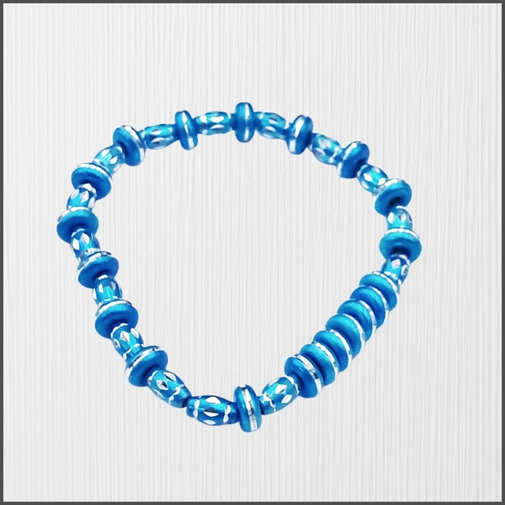 Teal Blue and Silver Beaded Stretch Bracelet | Mixed Disc & Faceted Beads